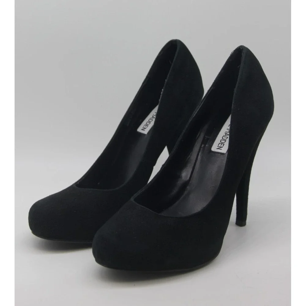 Steve Madden Black Suede Trinitie Heels 7M Platform Glam Night Out Statement Y2K